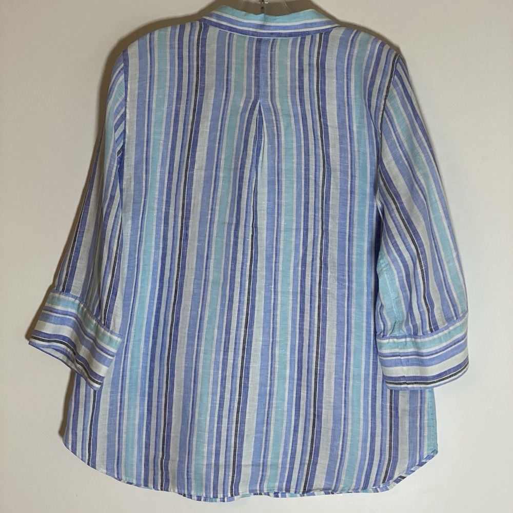 Chicos Top Womens 1 Medium Blue Multi Striped 100% Linen Button Up Boho Nice M - Picture 14 of 16